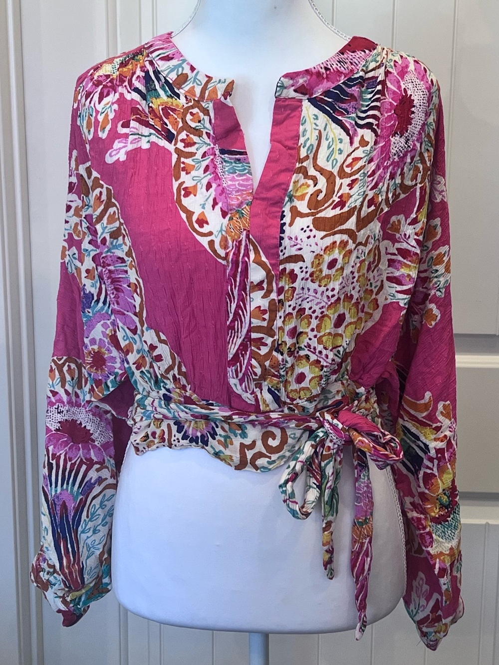 Rachel Zoe Crop Top Pink Floral Balloon Sleeve Tie Boho Romantic XL